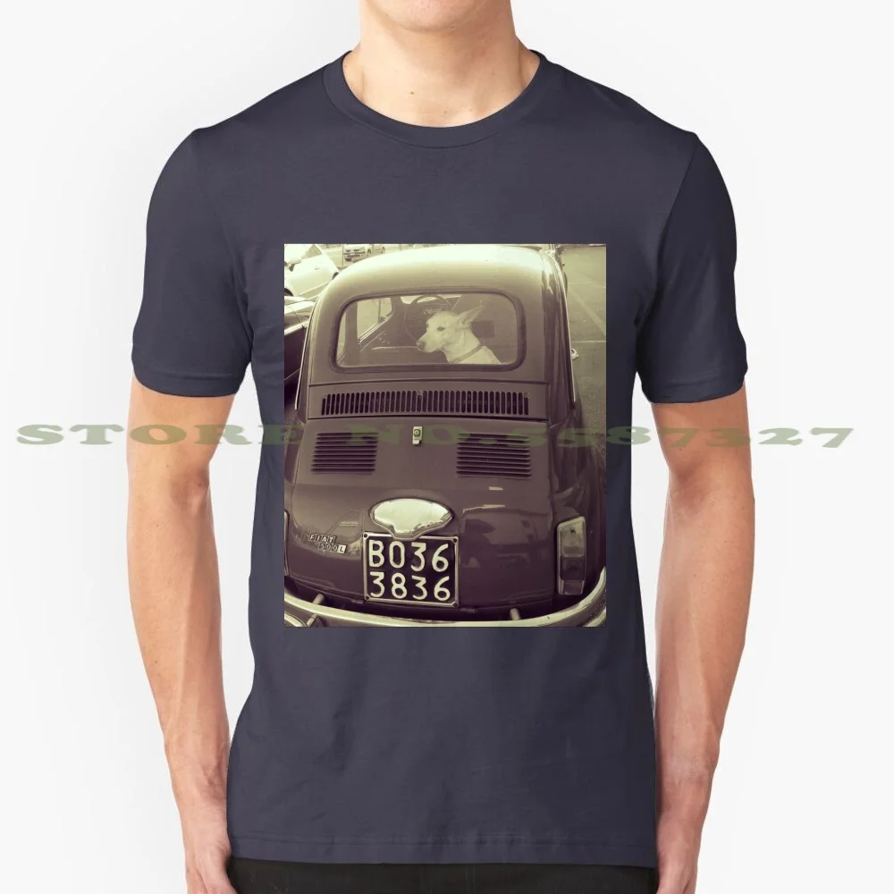 Dog In The Car 100% Cotton T-Shirt Dog Car Fiat 500 Italy Ironic Vintage