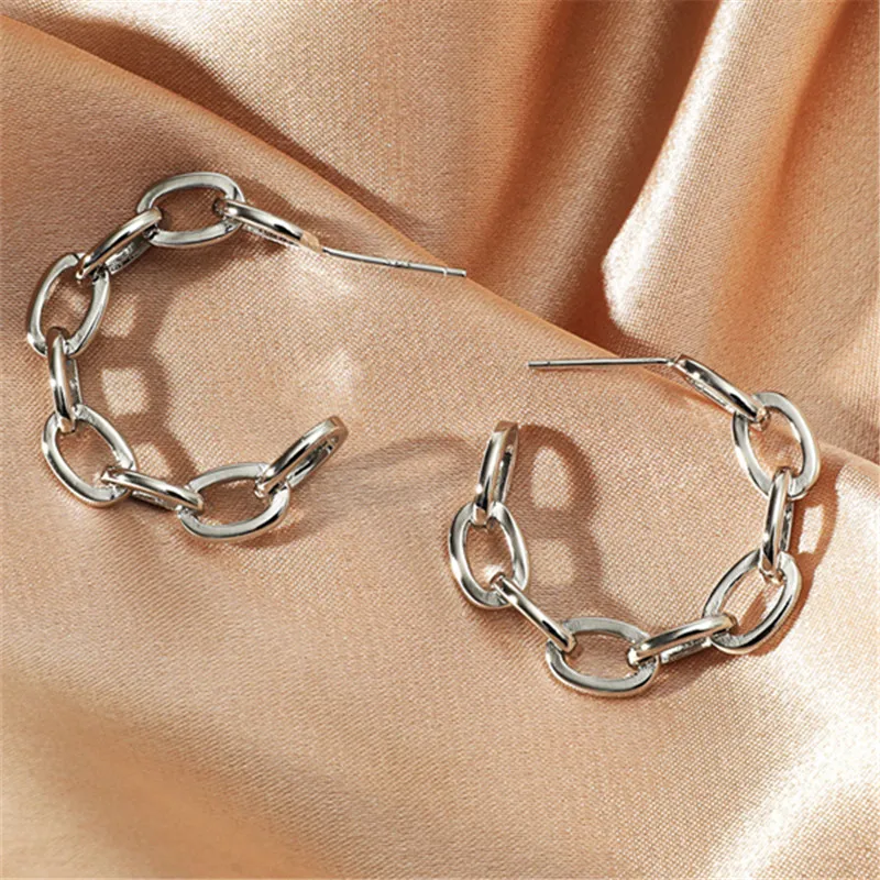 Simple C Hoop For Women Metal Link Chain Earrings