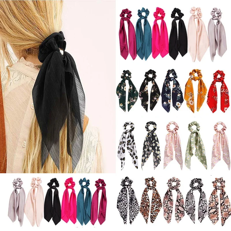 

2022 New Fashion Bow Satin Girls Elastic Hair Bands Long Ribbon Ponytail Scarf Hair Tie Women Scrunchies Hair Accessories