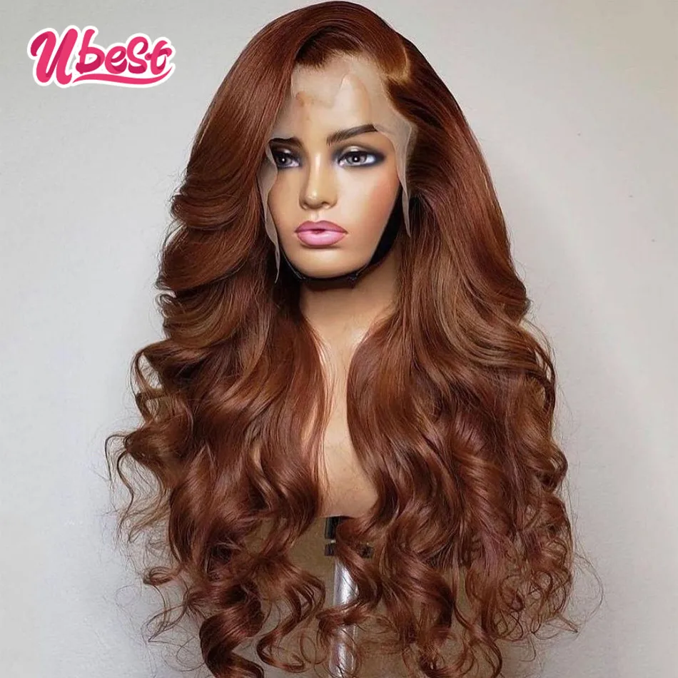 Ubest Wig renda depan gelombang tubuh 13X6 coklat jahe Wig rambut manusia Brasil 30 inci Wig Frontal renda transparan coklat