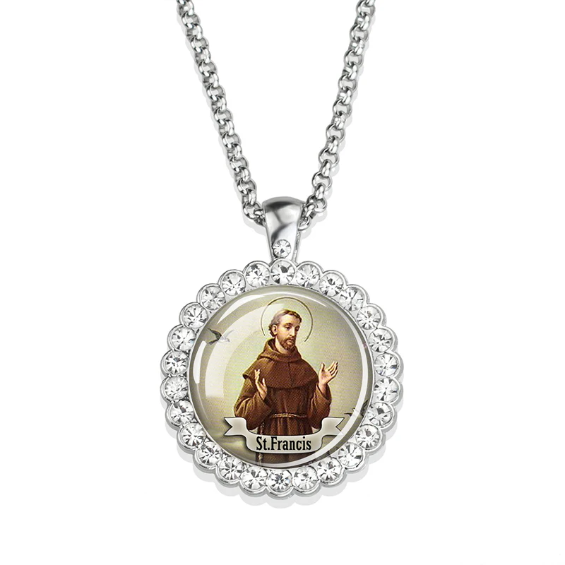 12 Christian Saint Necklace Cabochon Glass Rhinestone Pendant St Therese Francis Jude Paul Anthony Necklaces Religious Jewelry