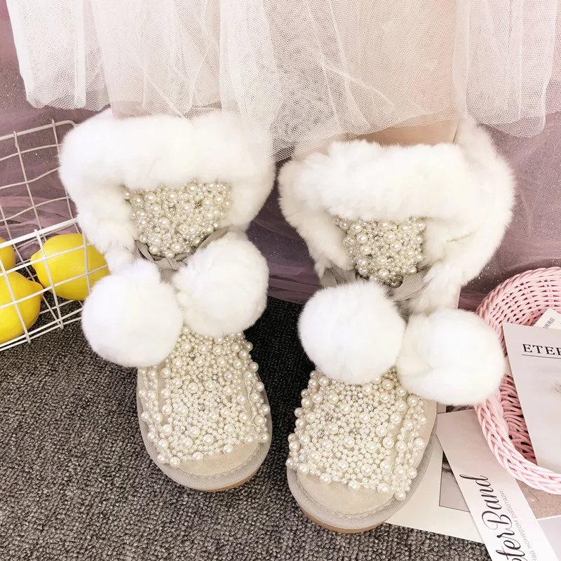 Cute fairy hair ball leather water drill pearl three-dimensional flower rabbit hair snow boots cotton shoes women's boots