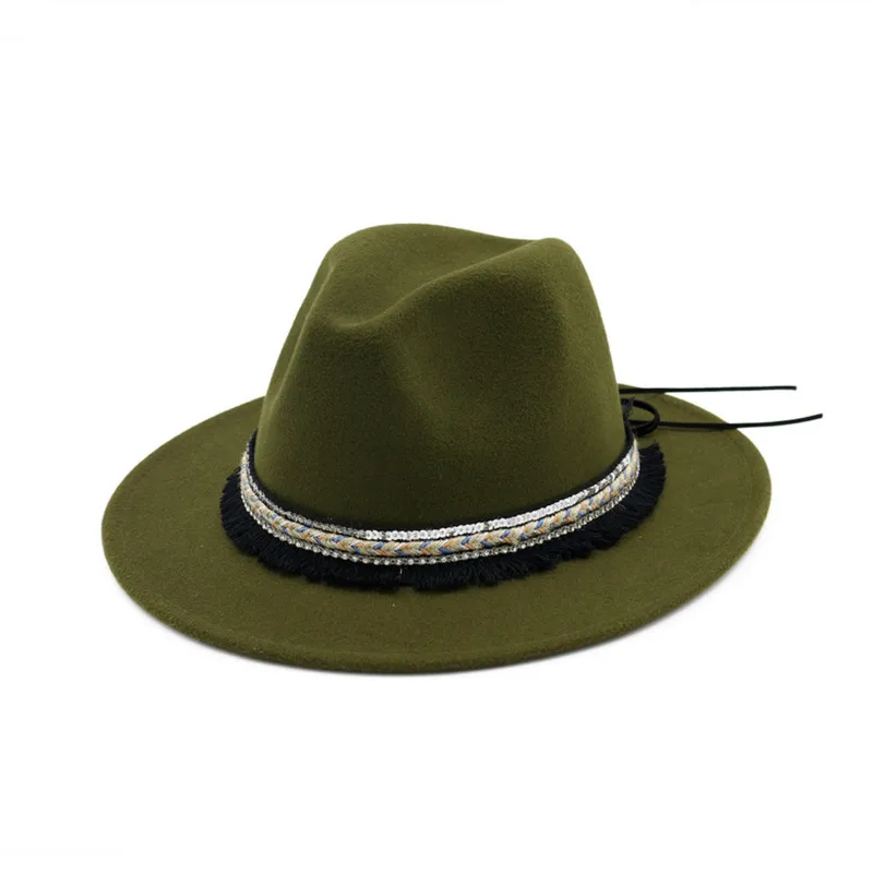 

H7553 Women Wool Fedoras Hat Ladies Ribbon Tassel Woolen Felt Flat Eave Jazz Cap Female Fashion All-match Elegant Vintage Caps