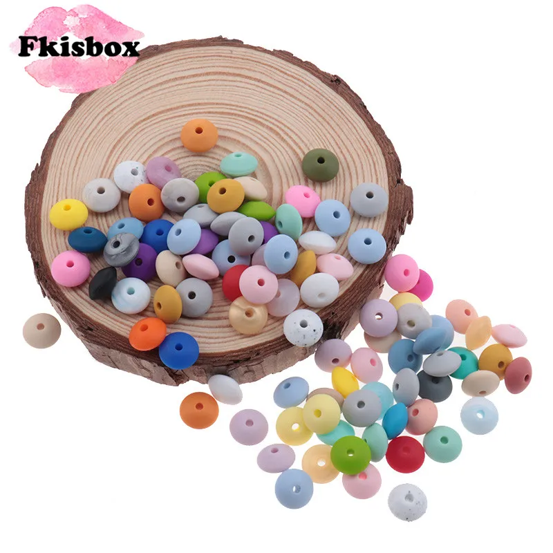 Fkisbox 500pcs 12mm Lentil Loose Beads Silicone Baby Teether BPA Free Newborn Teething Necklace Nurse Pacifier Chain Accessories