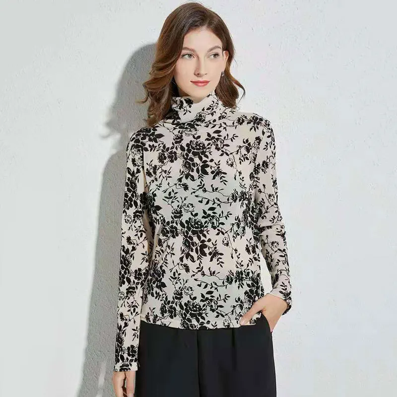 Women Elegant Lace Turtleneck Sweater Sexy Transparent Long Sleeve Mesh Base Shirt Female Autumn Fashion Floral Slim Pullovers