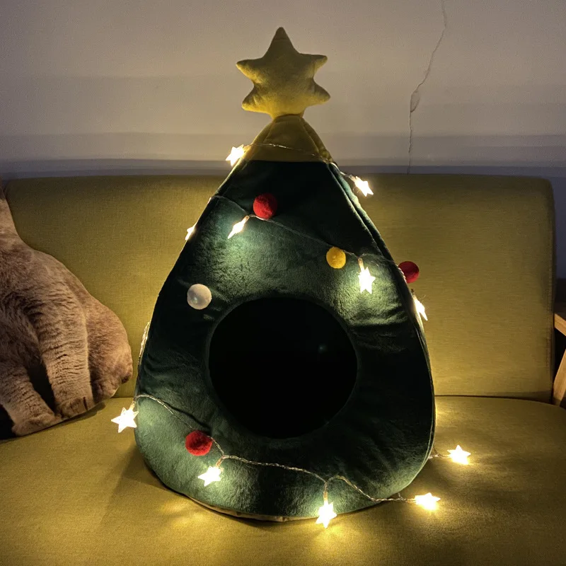 Merry Christmas Tree Days Bed for Pets, Comfortable Winter Warm Nest, House Mat, Dog Litter Kennel, Home with Lights