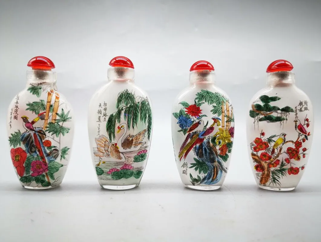 Coloured glaze Four Seasons Flower bird Snuff bottles crafts statue A set