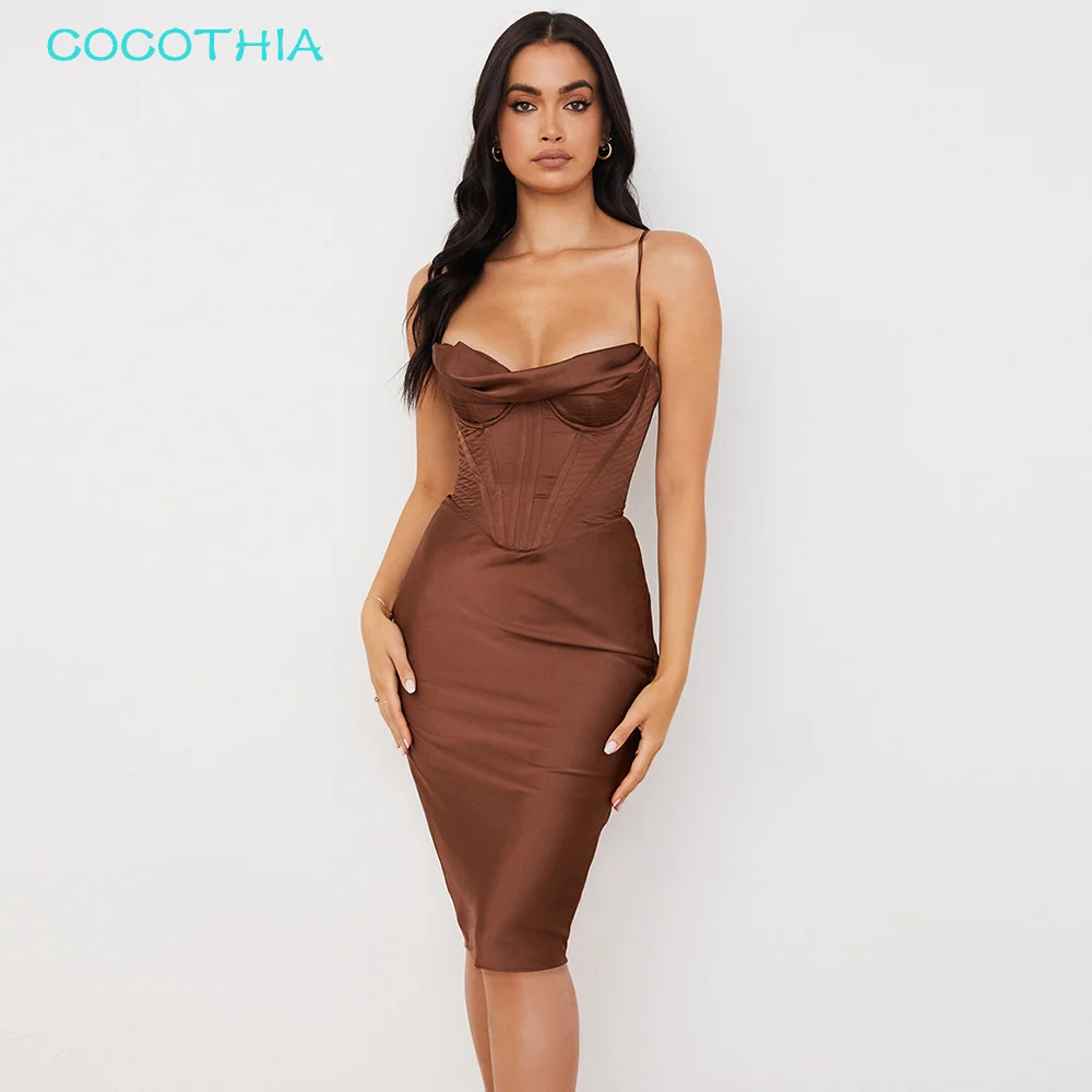 COCOTHIA-Deep V Sleeveless Draped Fishbone Midi Dress, Solid Satin, Elegant, High Waist, Celebrity, Cocktail, Evening Party, New