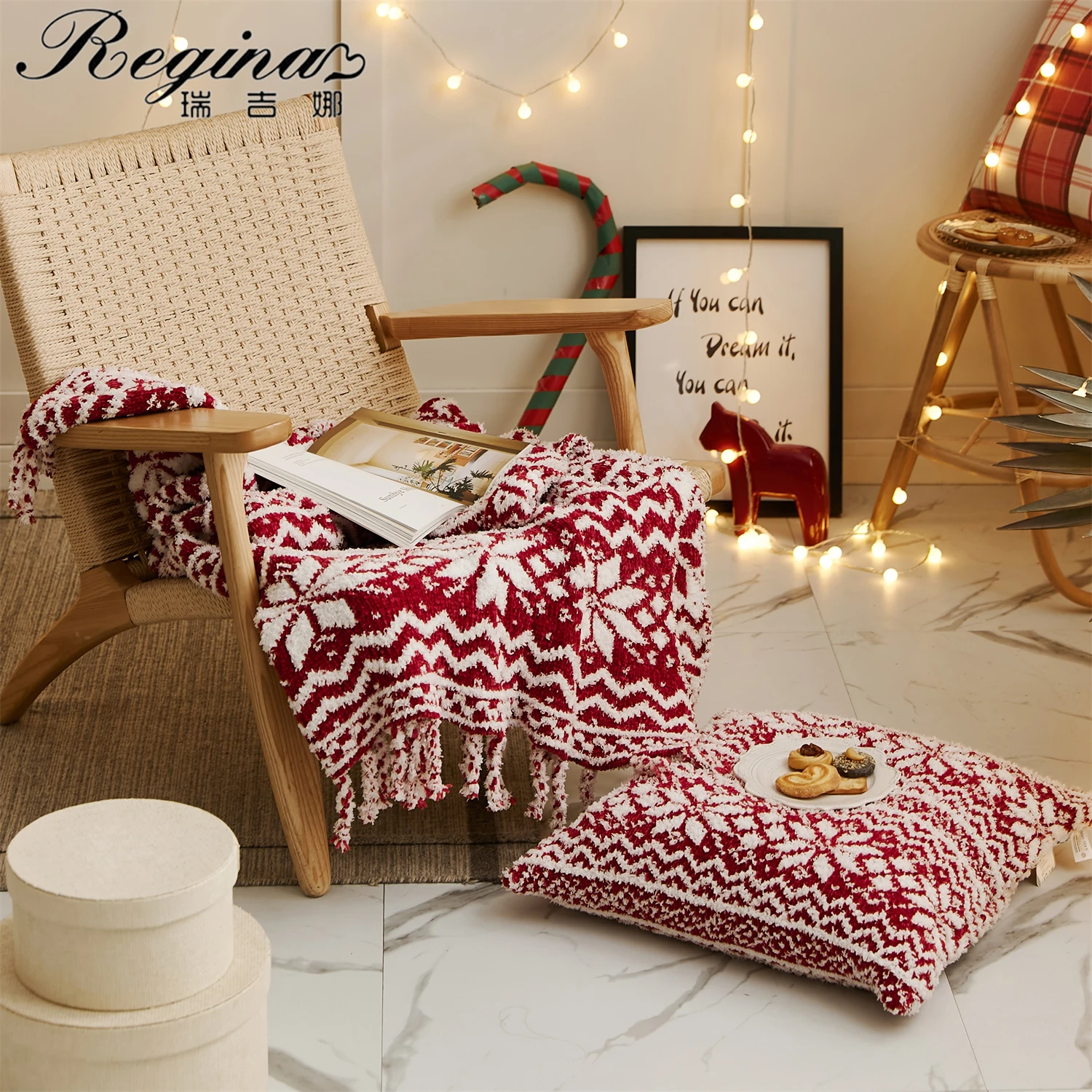 REGINA Brand Christmas Chunky Knit Blankets Cozy Microfibe Tufted Knitted Wine Beige Fringes Home Decor Gift Plaid Throw Blanket