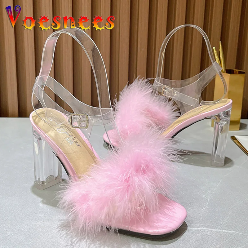 Women Shoes Summer 2022 New Fashion Hairy Fur Sandals Ladyies Transparent Square Toe Club Party Wear Hyaline High Heels Size 43