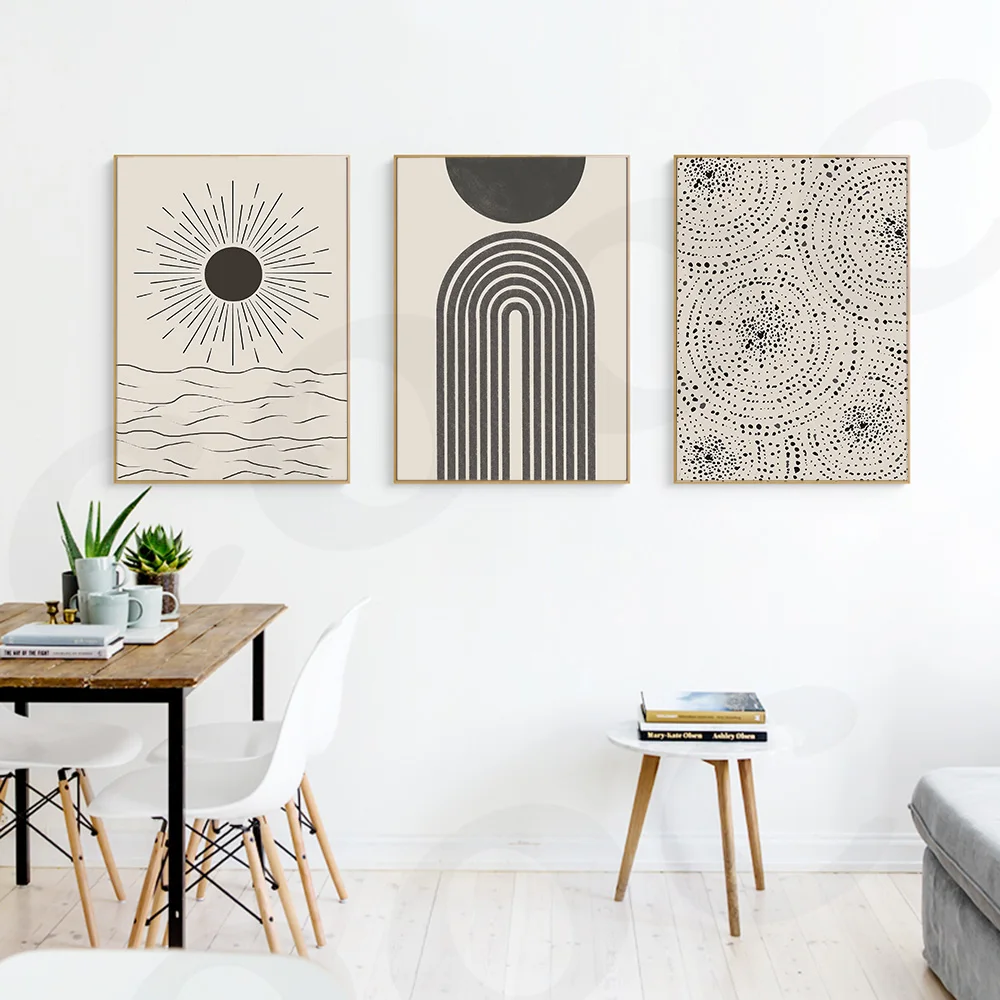 

Abstract Geometry Poster Prints Minimalist Line and Dot Wall Art Boho Canvas Painting Sun Scene Pictures Living Room Home Decor