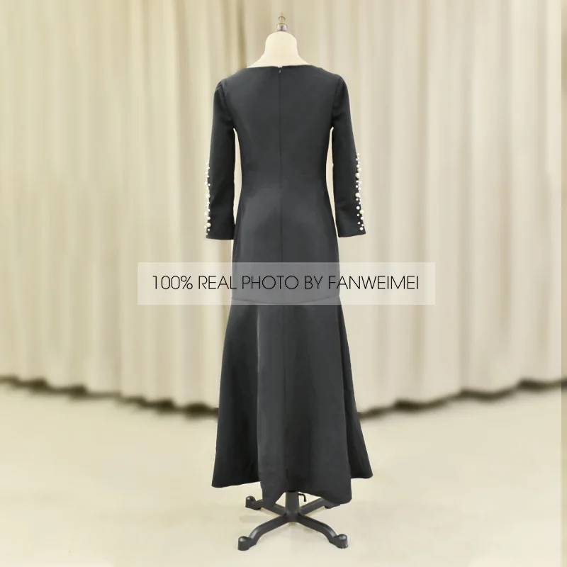 Robe de soirée noire à manches longues et col rond, robe de soirée formelle, prête à être expédiée, Photos réelles, 100%