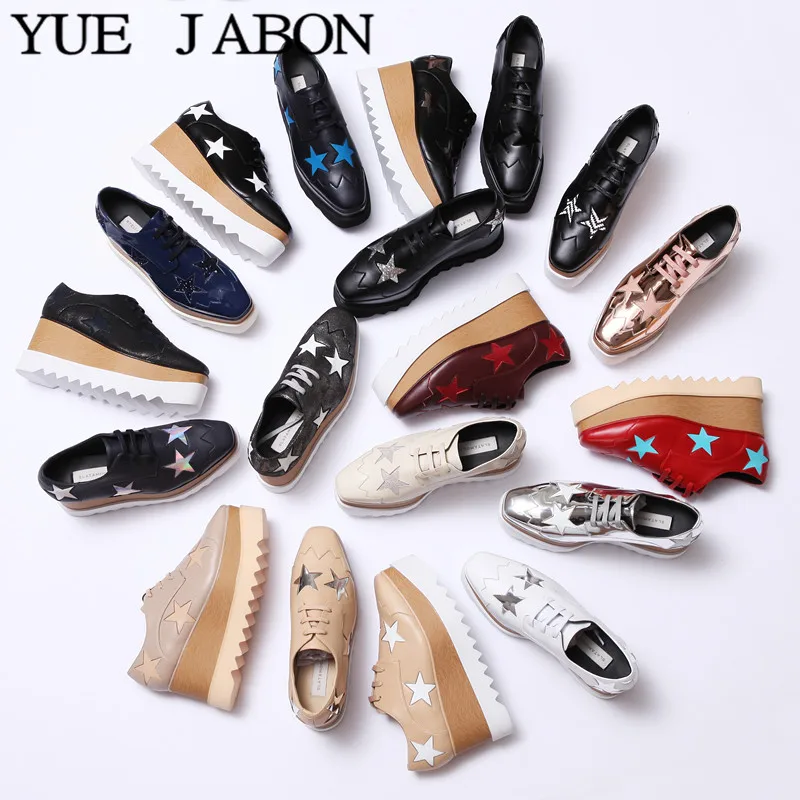 

New platform shoes star square toe shoes ladies lace up chunky bottom wedge shoes ladies black Being shoes ladies casual shoes