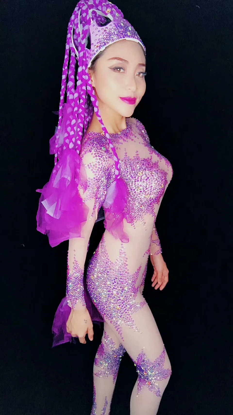 Mono con diamantes de imitación de colores morados para mujer, traje Sexy de perspectiva de malla, Ropa de baile de escenario para mujer, traje Sexy para celebración de noche