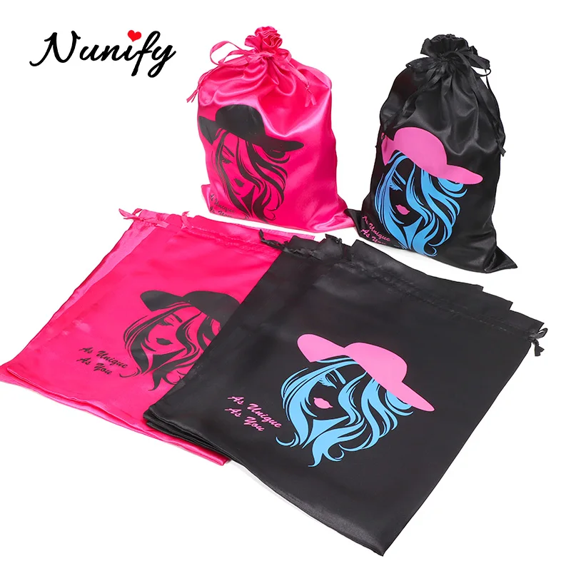 

Pink Satin Bags With Drawstring 25x35cm Size Wig Storage Bags For Virgin Hair Extensions Wig Packaging Bags With Ribbon Gift Bag