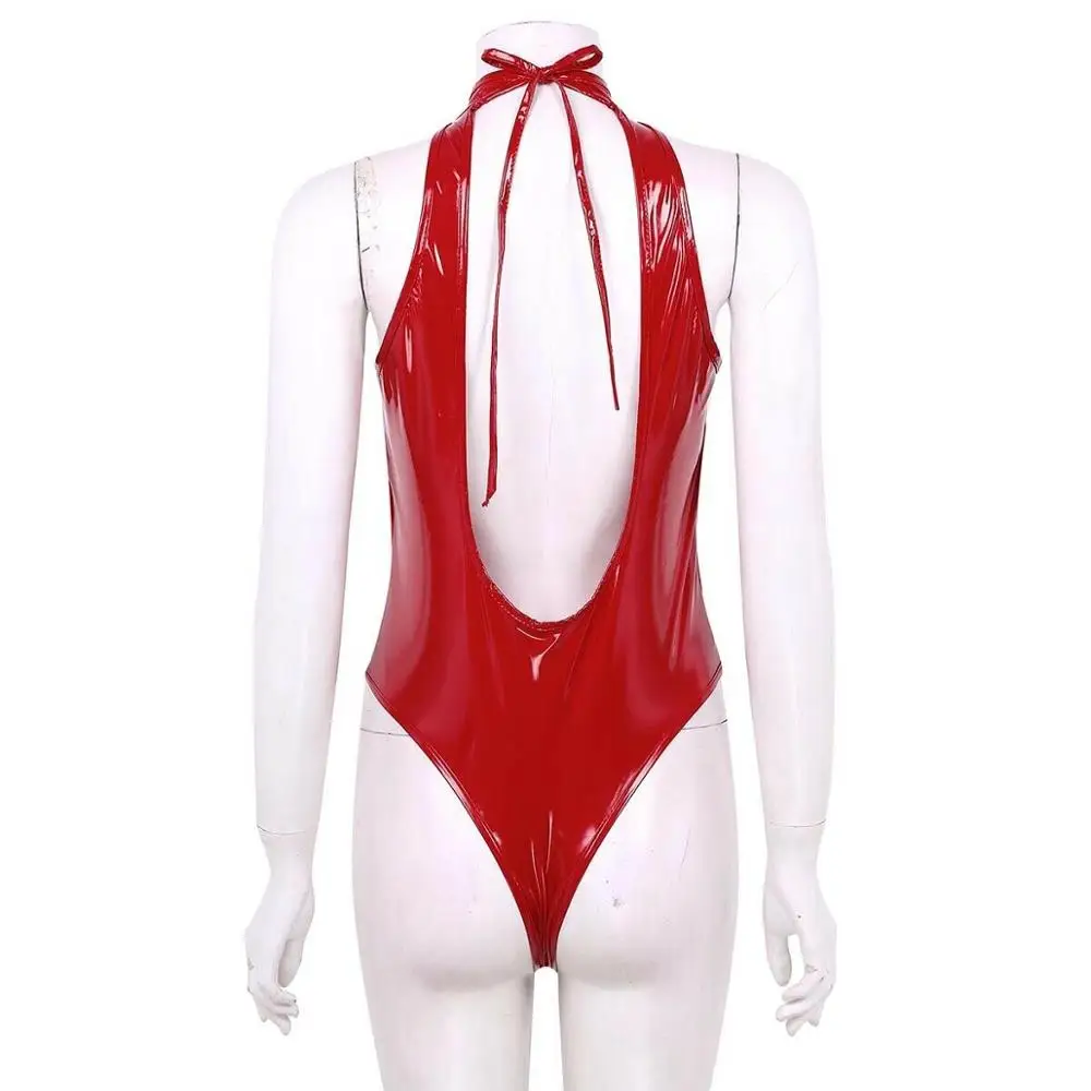 Sexy Fetish Patent Leather Open Crotch Thong Leotard Metal Ring Cupless Wet Look One Piece Teddies Bodysuit Swimsuit Lingerie