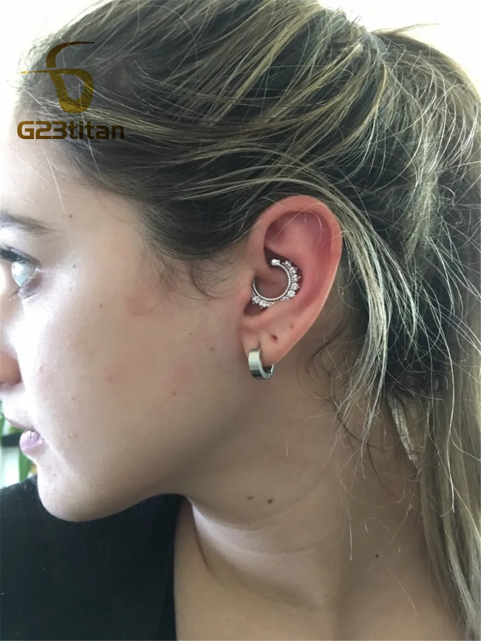 Big G23 Titanium Clicker Hoop with CZ Crystals Hypoallergenic Septum Nose Ring Helix Daith Earring Elegant Women Body Jewelry