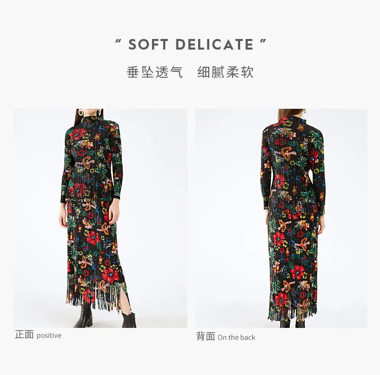 HOT SELLING Miyake fold Retro floral long sleeve o-neck tassel T-shirt + Retro floral print skirt tassel suit IN STOCK