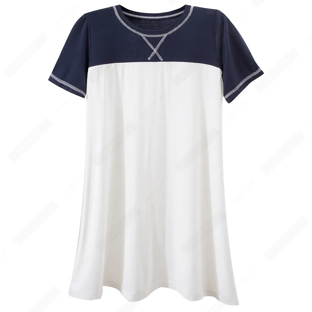 Women Casual Round Neck Patchwork Short Sleeve T Shirt Sun Stylish Brief Soft Daily Tees 1ET049