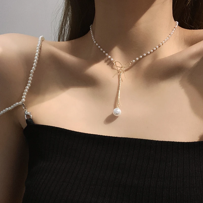 New Korean Pearl Necklaces for Women Gold Color Link Chain Choker Fashion Neck Accessories Elegant Collar bijoux femme