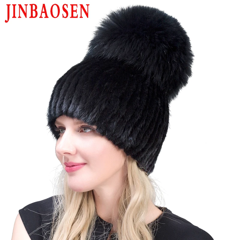 JINBAOSEN Real Mink Fur Hat for Winter Women Imported Knitted Mink Cap with Fox Fur  New Hot Sale High Quality Women Beanies