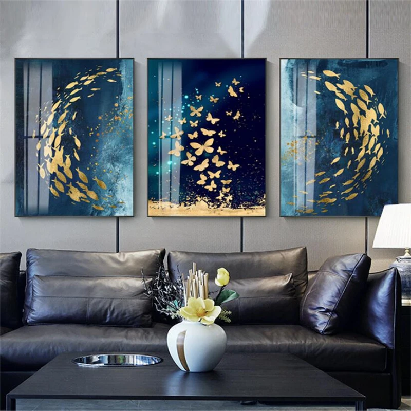 wellyu Custom wallpaper 3D Nordic blue oil painting gold foil Fish School Abstract porch decoration painting 3d papel de parede