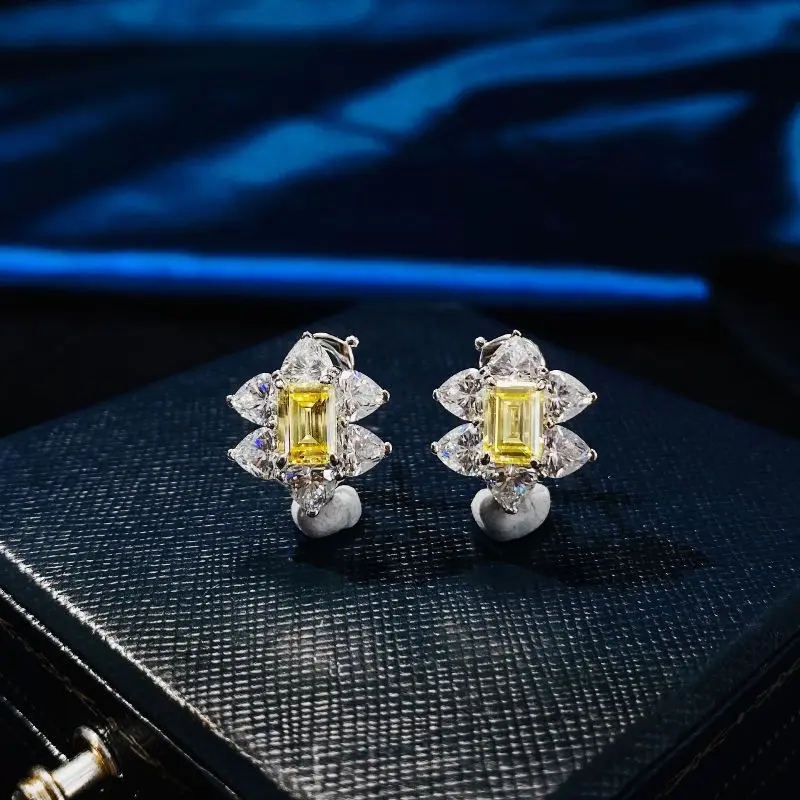 

925 Sterling Silver Stud Earrings For Women Sparkling Yellow High Carbon Diamond Earrings Bridal Wedding Party Luxury Jewelry