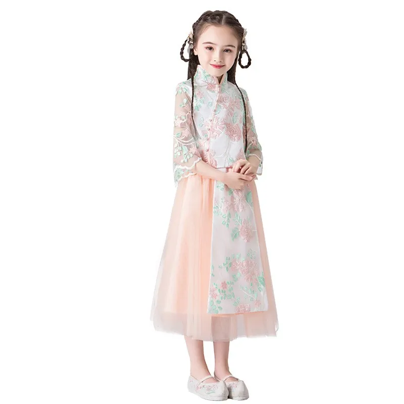 Flower Girl Wedding Bridesmaid Formal Lace Embroidery Flower Dress Mandarin Collar Cheongsam Chinese HanFu Dresses for Girls