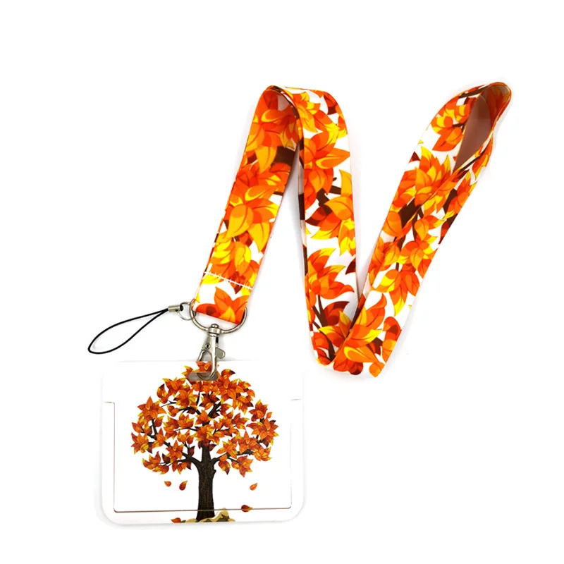 Autumn Fallen Leaves Cute Card Cover Clip Lanyard Retractable Student Nurse Badge Reel Clip Cartoon ID Card Badge Holder