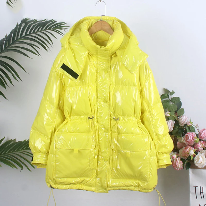 Winter Women's Mid-length Glossy Parka Thick Waterproof Removable Hooded Parka Women Candy Color White Duck Down Jacket