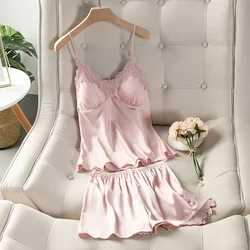 Women's Summer Thin Suspender Shorts Two-piece Set Pyjamas Ice Silk With Chest Pad V-Neck Sleepwear