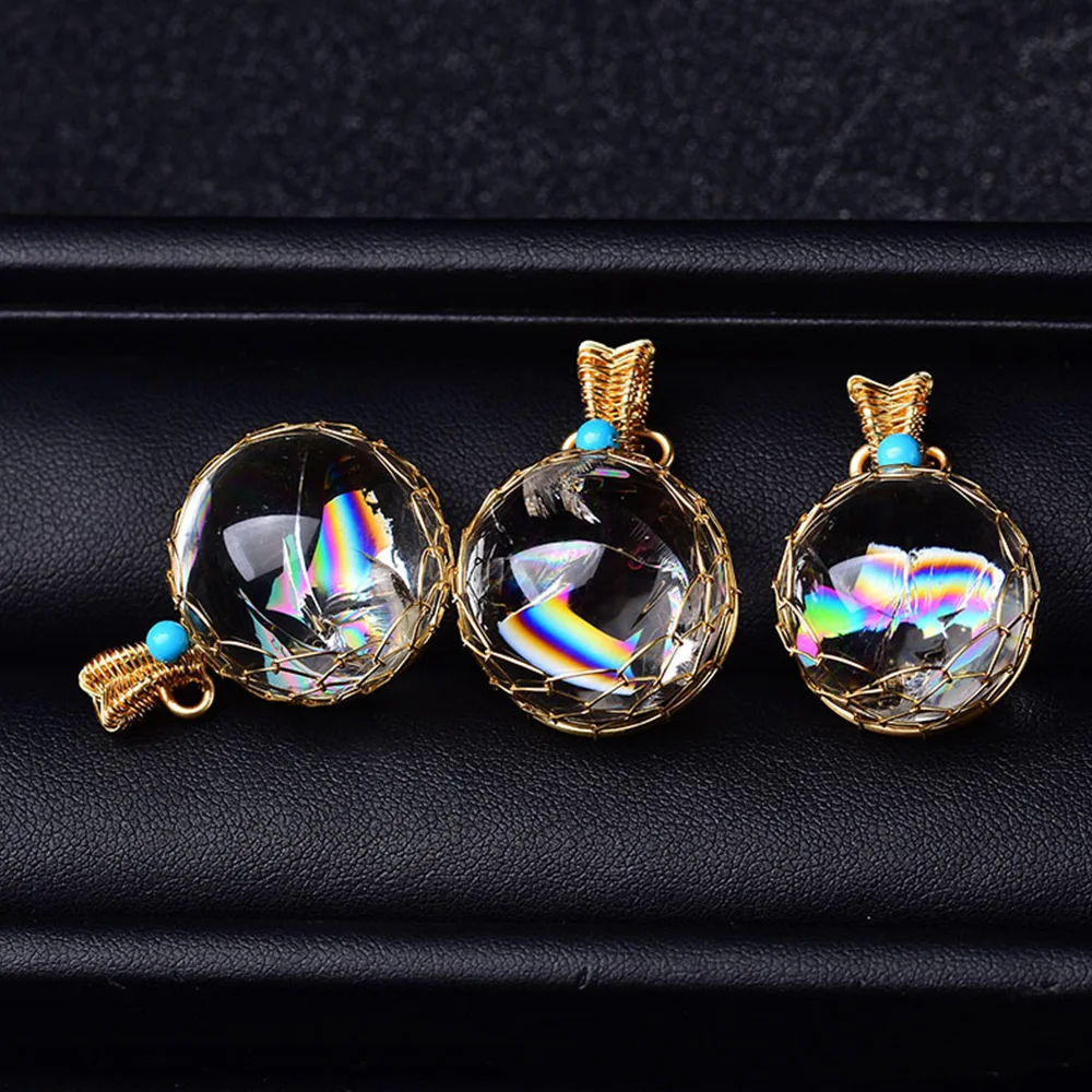 Natural Clear Quartz Crystal Mini Sphere Rainbow Ball Pendant Gifts