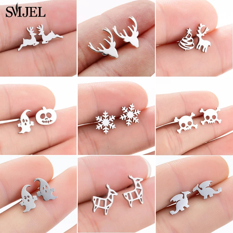 SMJEL Small Earrings Hollow Stainless Steel Ghost Pumpkin Skull Snowflake Deer Stud Earring Women Christmas Jewelry Gift