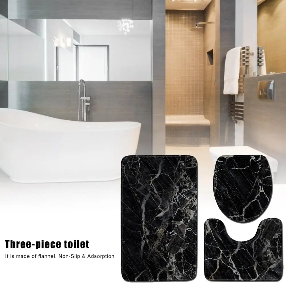 Black Marble Texture Bath Rug Set 3 Piece Non Slip Bathroom Mats, Toilet Lid Cover, U Shaped Contour Rug Carpet Soft Bathroom