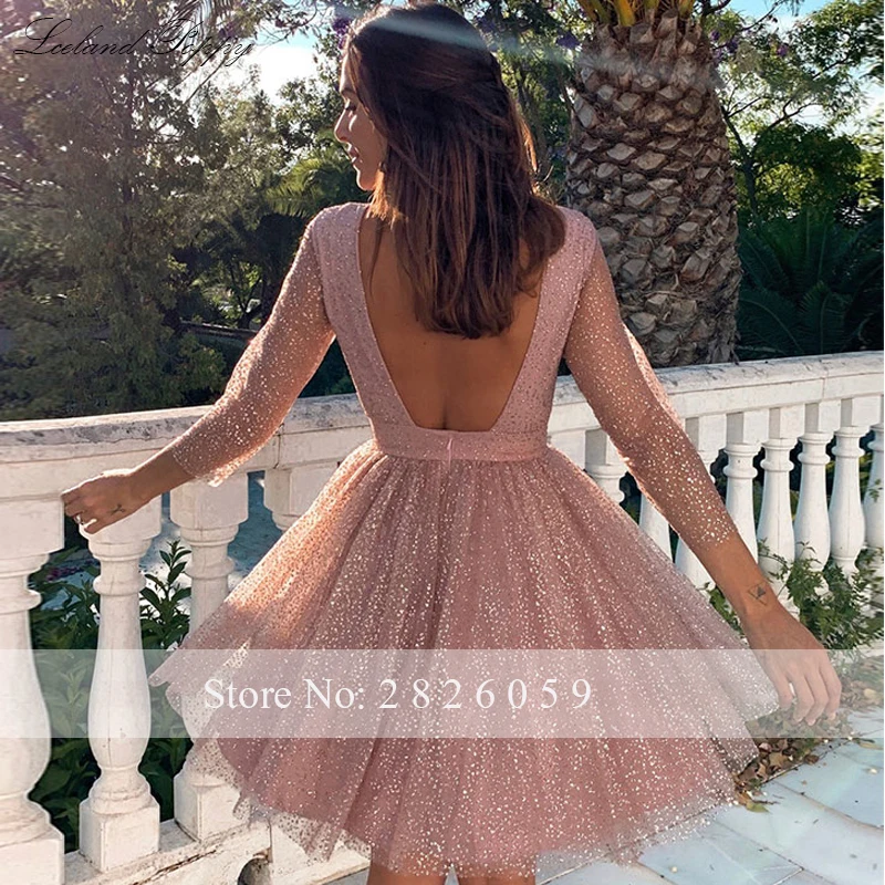 Lceland Poppy A-lijn Korte Prom Dresses Hals Lange Mouwen Shiny Tulle Homecoming Jurken Backless Knie Lengte Prom Jassen