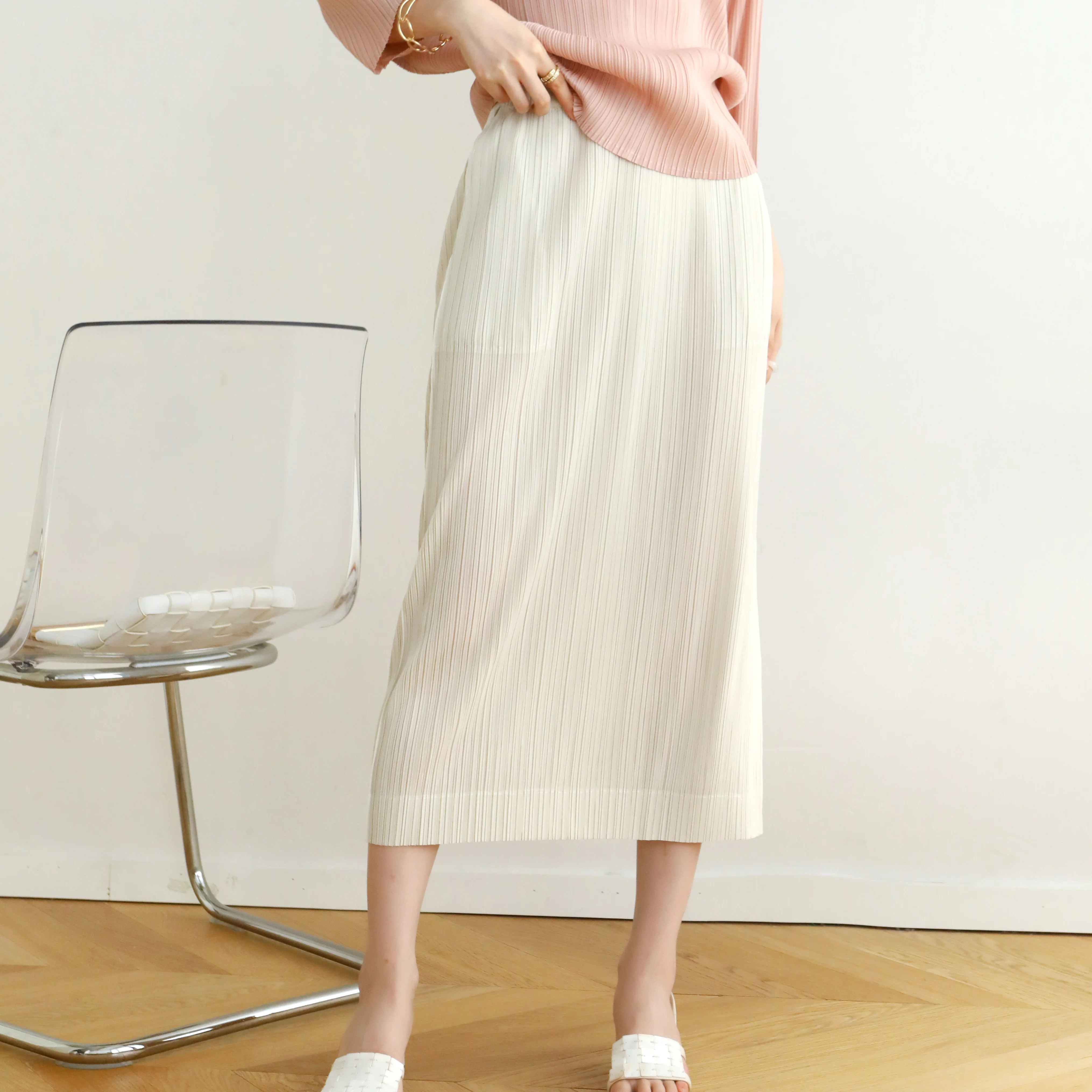 

Miyake pleats show thin middle waist age reduction temperament side slit middle long skirt