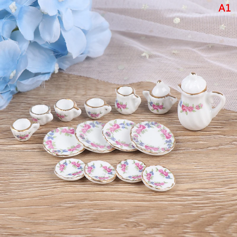 15Pcs 1:12 Miniature Porcelain Tea Cup Set  Flower Tableware Kitchen Dollhouse Furniture Toys For Children Tea Cups Dollhouse