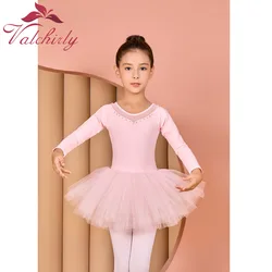 Simple Ballet Dance Dress Tight-Fitting Long Sleeved  Mesh Jumpsuit Practice Clothes Girls Tutu Skirt