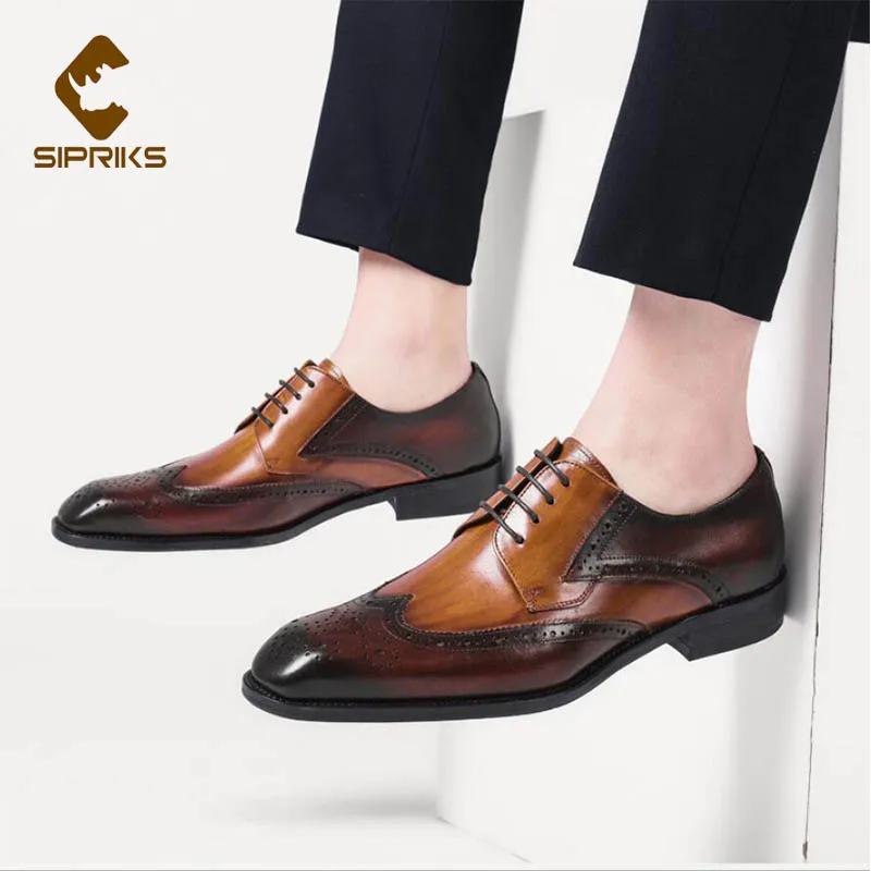 

Sipriks Luxury Patina Red Brown Shoes Genuine Leather Wingtip Brogues Retro Gentleman Gent Suit Shoe Casual Business Footwear 46