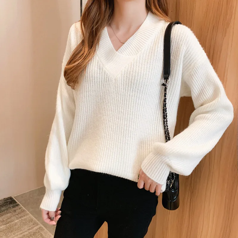 

Spring Soild V Neck Oversized Sweater Women Casual Loose Knitted Jumper Ladies Preppy Style Vintage Pullover Knitwear Tops