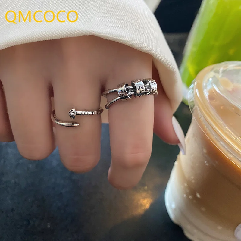 QMCOCOKorean INS Style  Silver Color Ring Punk Fashion Round Star-Shape Personality Screw Nail Student Open Index Finger Ring