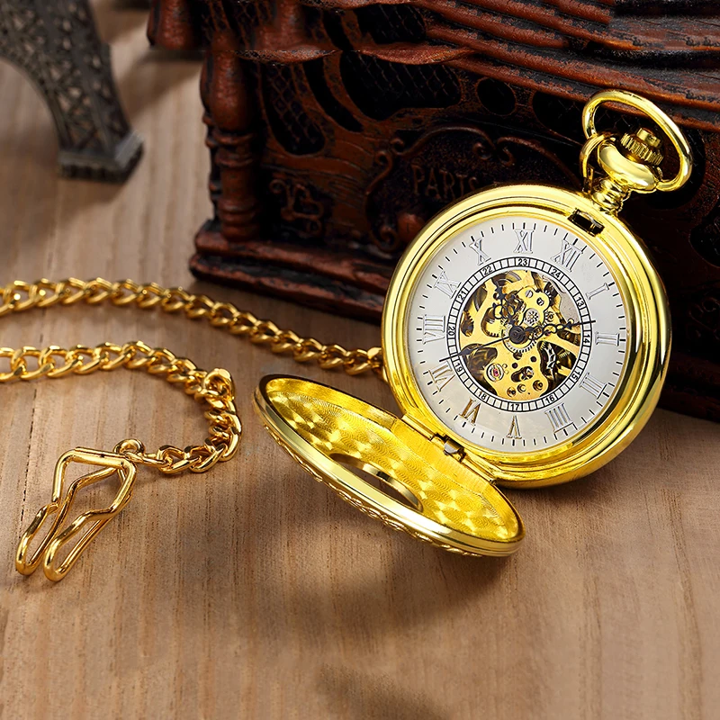 Roman Numeral Luxury Mechanical Pocket Watch Gold White Color Skeleton Case Dial Male Fob Chain Clock for Men Women Dropshipping