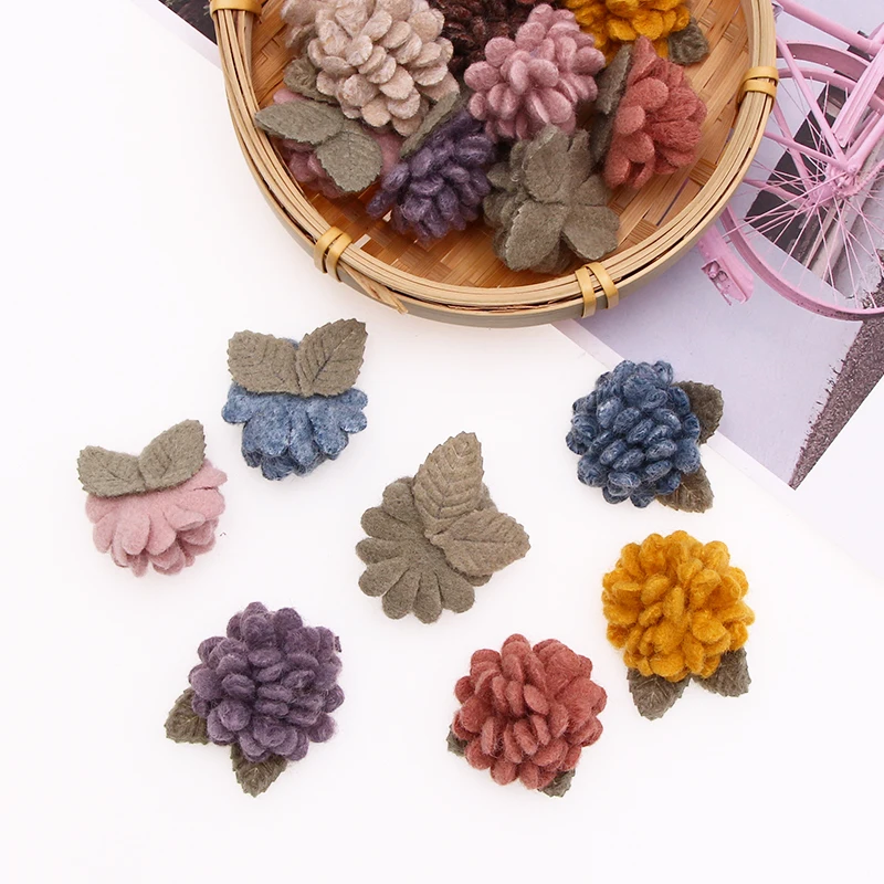 10pcs/Lot 4cm Multicolor Daisy Woolen Artificial Fabric Pinecone Flower Heads With Leaves For Clothing Headwear Accessories Deco