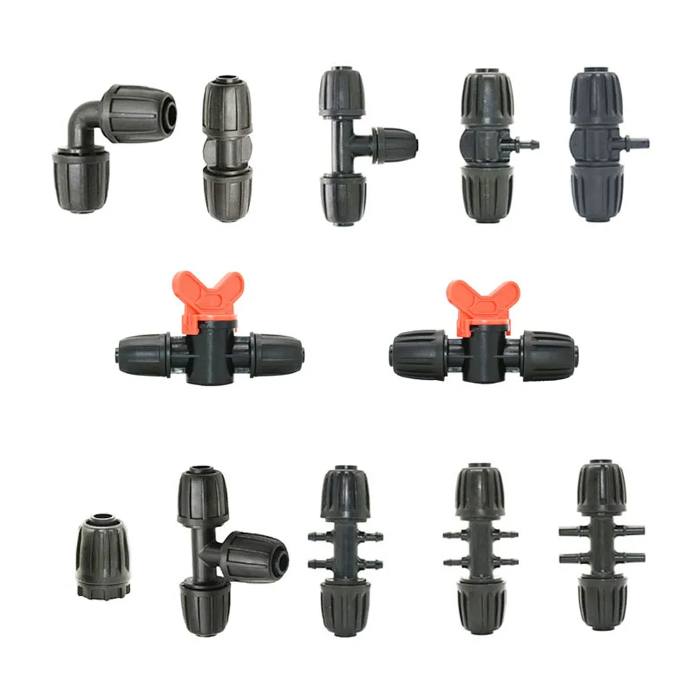 Garden 16mm PE Pipe ConnectorTee Elbow End Plug Lock Nuts Water Coupling 1/2'' Pipe 4/7mm Garden Hose Fittings