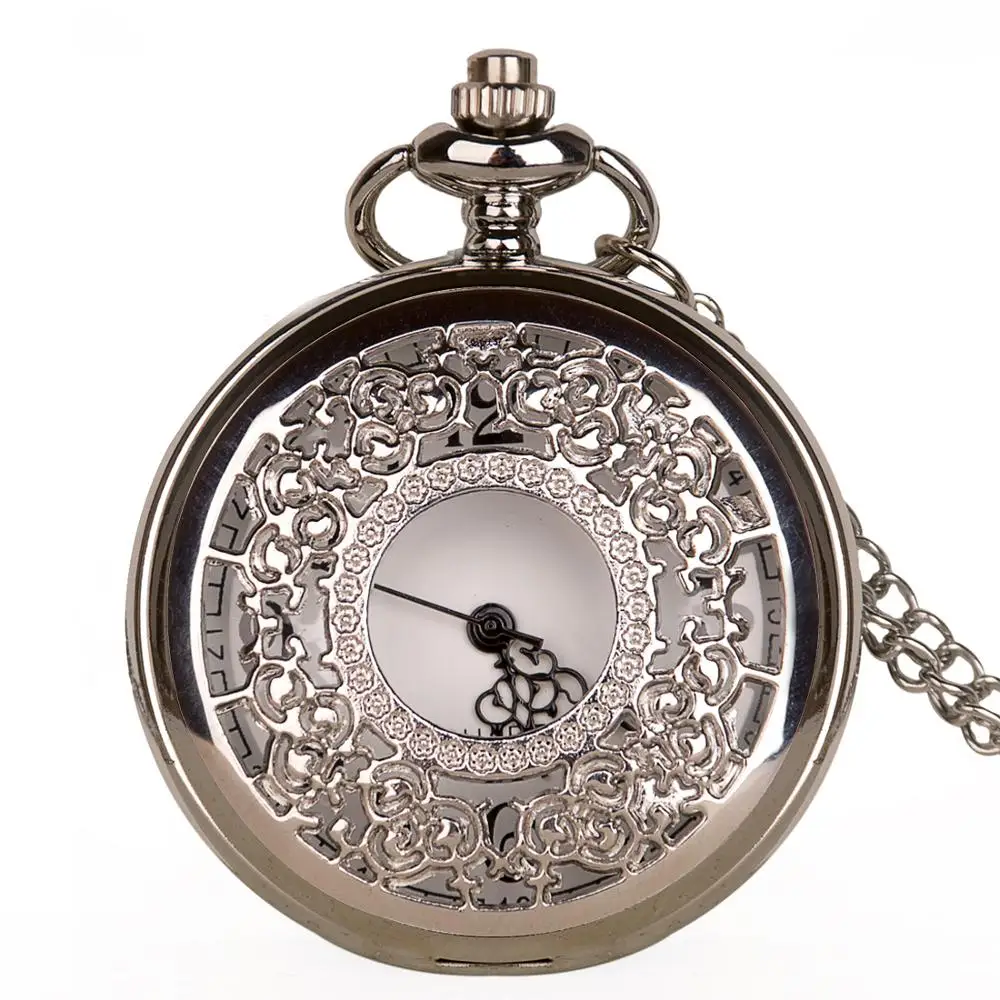 Retro Hollow Silver Color Flowers Arabic Numerals Quartz Pocket Watch Chain Necklace Pendant Women Men Watches Fob Clock Gift