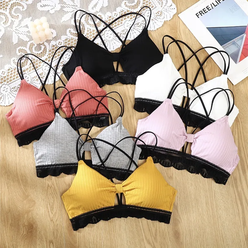 Women Lace Bra Push Up Wireless Bralette Female Sexy Underwear Cross Straps Beauty Back Lingerie Removable Pads Bralette