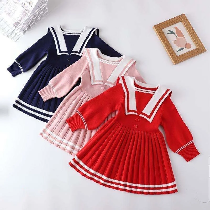 Children Fall Clothes Autumn Baby Girls College Style Lapel Long-sleeved Dress Kid Knitted Sweater Dress Sailor Collar 2-8