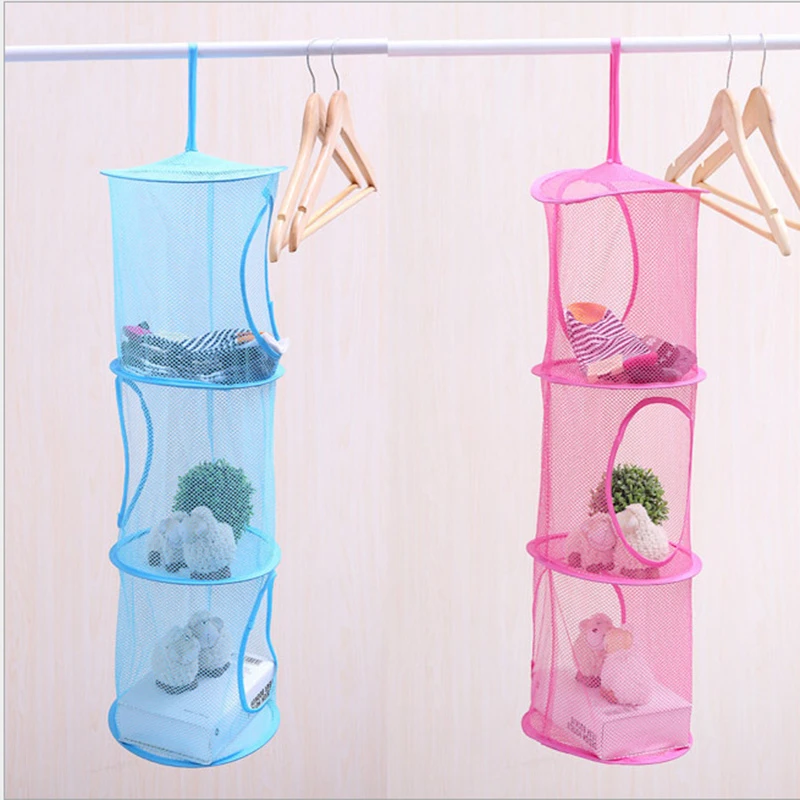 Foldable 3 Shelf Hanging Storage Net Kids Toy Organizer Bag Cylindrical Storage Basket for Home Wall Door Closet Store