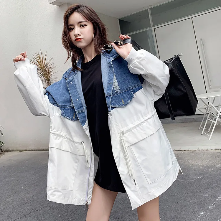 

2019 female new autumn plus size stitching fake two-piece outerwear stand collar with letter wild long syle loose denim trench
