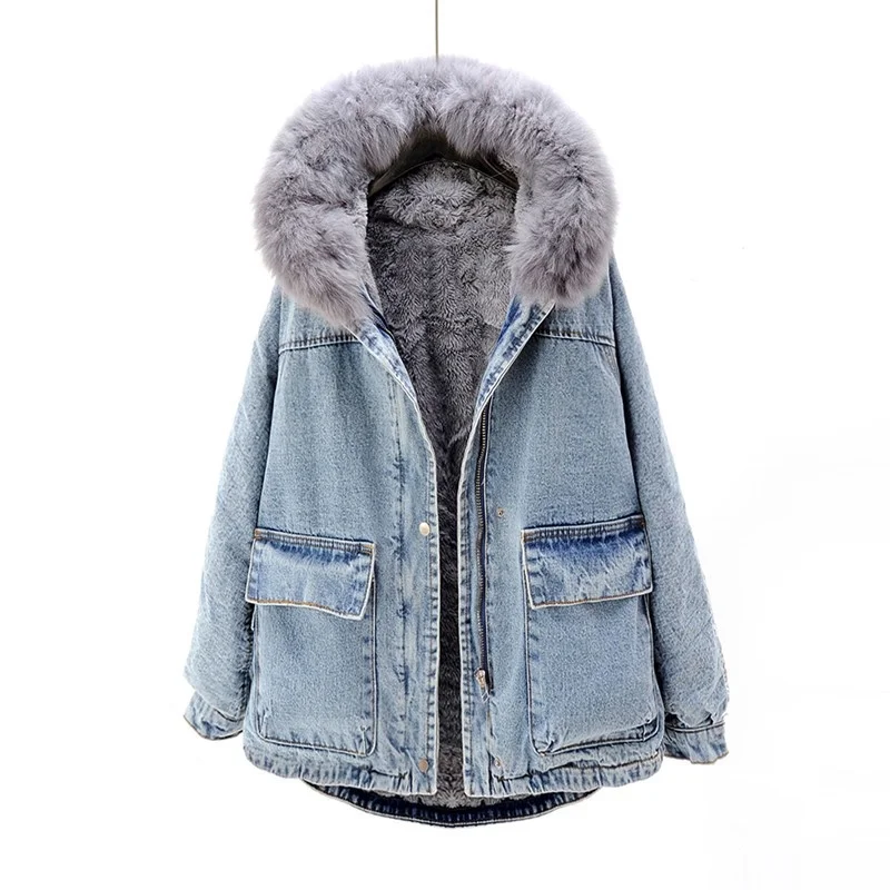 Quality High Women Winter Fur Lining Warm Loose FIt Denim Jacket Fox Fur Collar Hoody Jacket Casual Overcoat Cowboy Jeans Coats